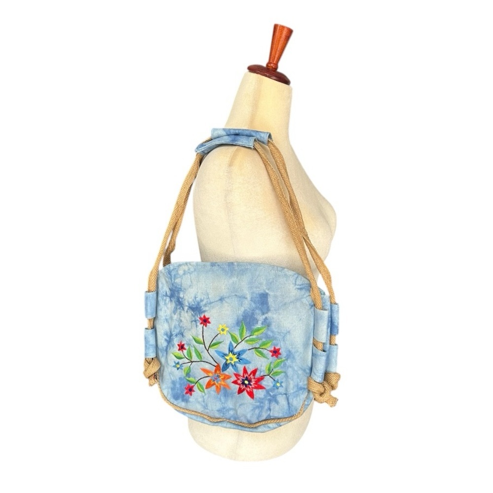Denim Blue Embroidered Floral Shoulder Bag Purse Tote Boho Casual Summer…